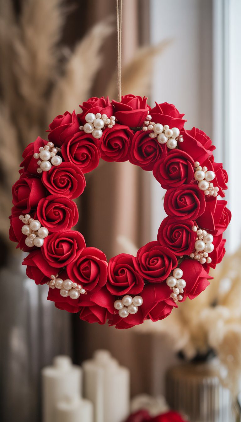 A circular wreath made of red foam roses decorated with small white pearls on a softly blurred background.