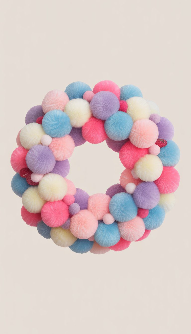 A pastel-colored pom-pom wreath arranged in a circle against a plain background.