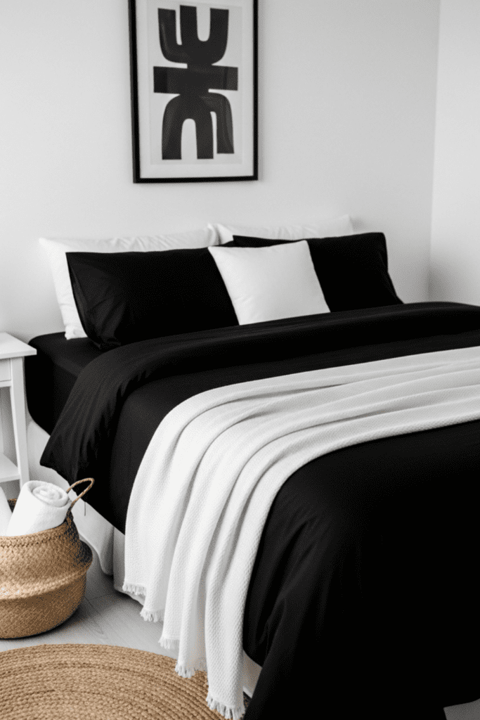A black and white bedroom with a bed, natural jute rugs, and woven baskets.
