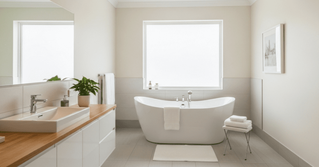 A clean and bright bathroom with a freestanding bathtub, vanity with mirror, and neutral-colored walls.