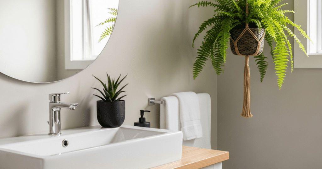 A bathroom with a small potted plant on the countertop and a hanging fern in the background.
