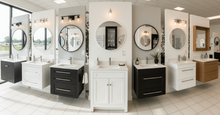 Seven small bathroom vanities displayed in a bright showroom with different styles and finishes, each with a sink and faucet.