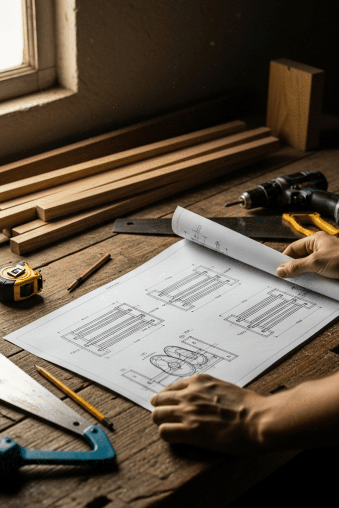 A workspace with woodworking tools, wooden planks, and hands holding a blueprint for building a shoe rack.