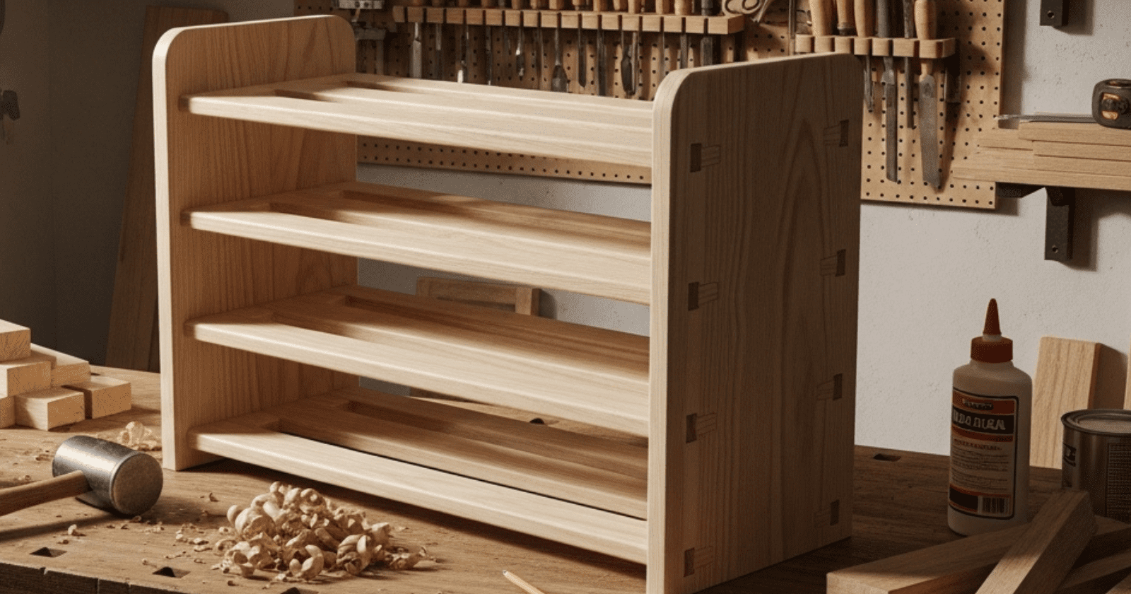 A person assembling a wooden shoe rack on a workbench surrounded by woodworking tools and materials.