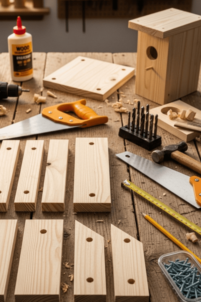 A workspace with woodworking tools and wooden materials arranged on a table ready for building a birdhouse.
