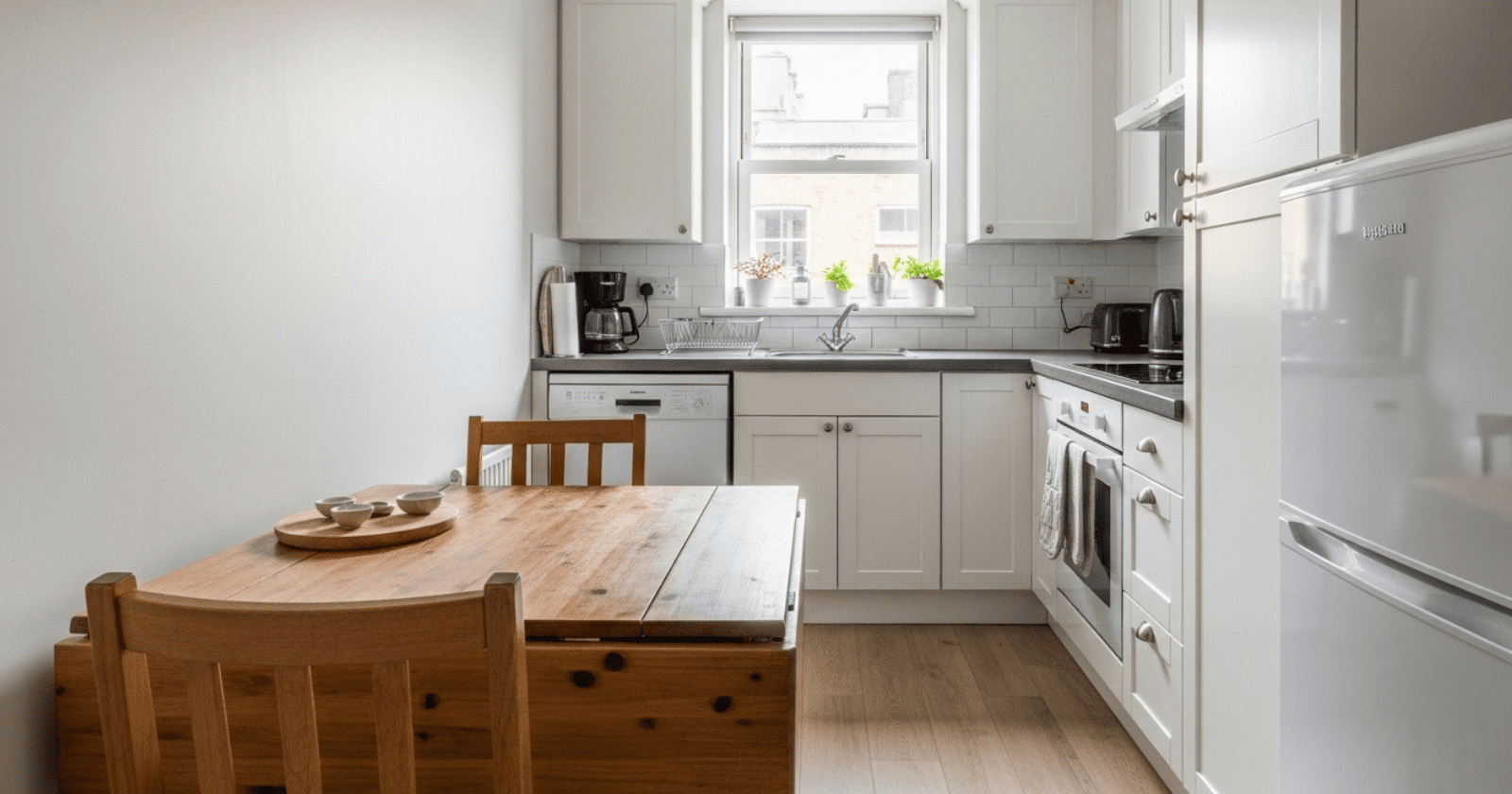 Small kitchen with wooden drop-leaf table partially extended, two simple chairs, light neutral walls, white shaker cabinets, compact layout, natural sunlight from window, airy and bright, minimal clutter, cozy apartment feel, realistic styling,
