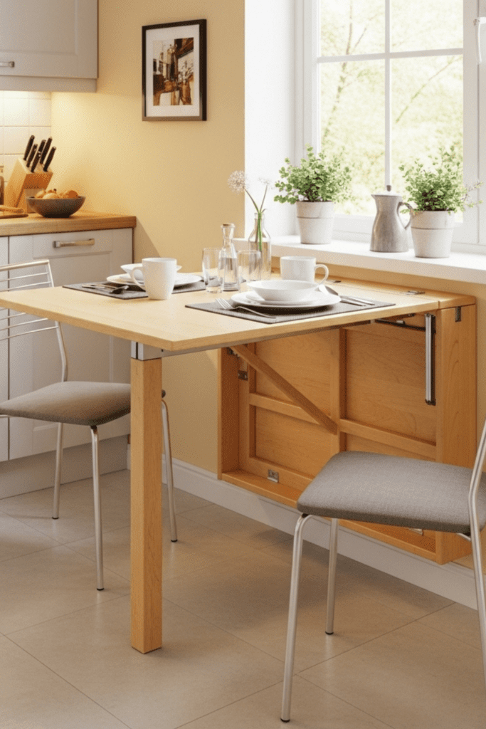 Small kitchen with a wall-mounted fold-down table folded down and set up with chairs around it.