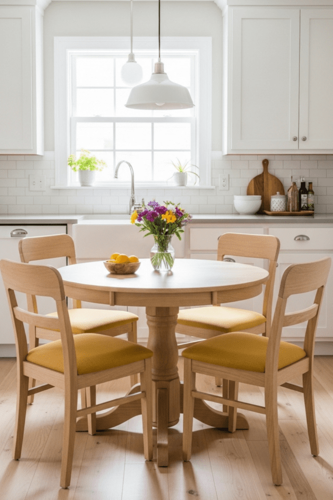 Small kitchen with a round pedestal table and chairs, showing ample legroom and a bright, cozy atmosphere.
