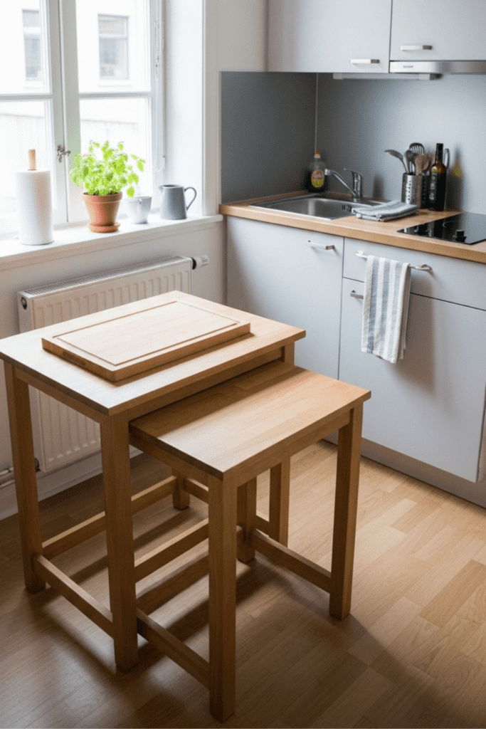 A small kitchen with nesting tables pulled out and used as extra prep surfaces, showing fresh vegetables and kitchen utensils.