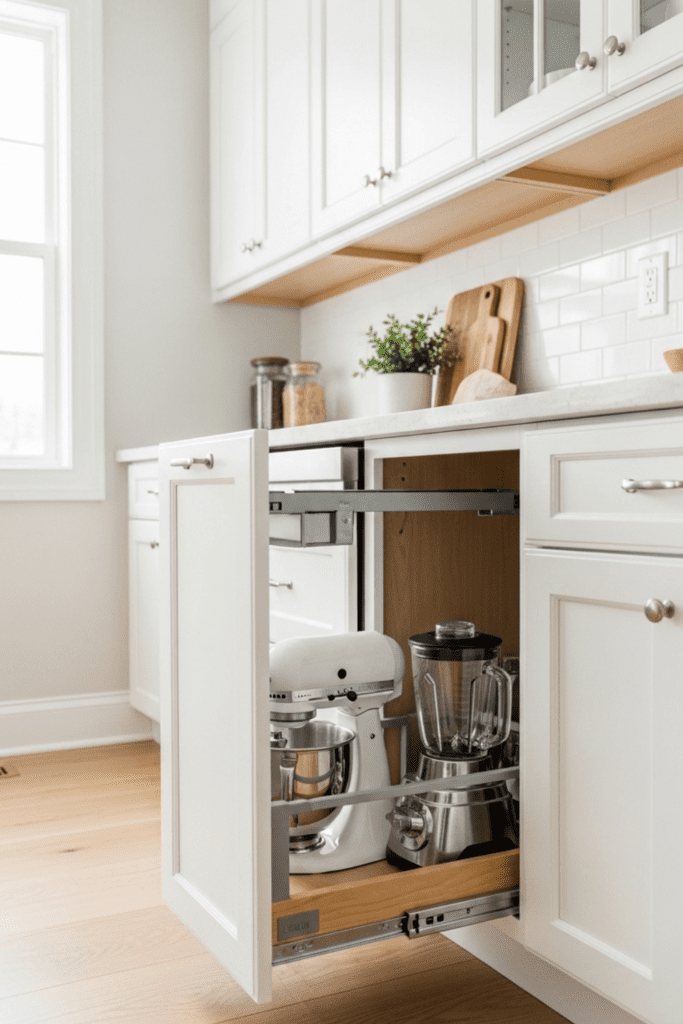 Bright kitchen lower cabinet open with heavy-duty pull-out drawer, stand mixer and blender neatly stored, white shaker cabinets, light wood floor, natural daylight, realistic textures, modern cozy style,