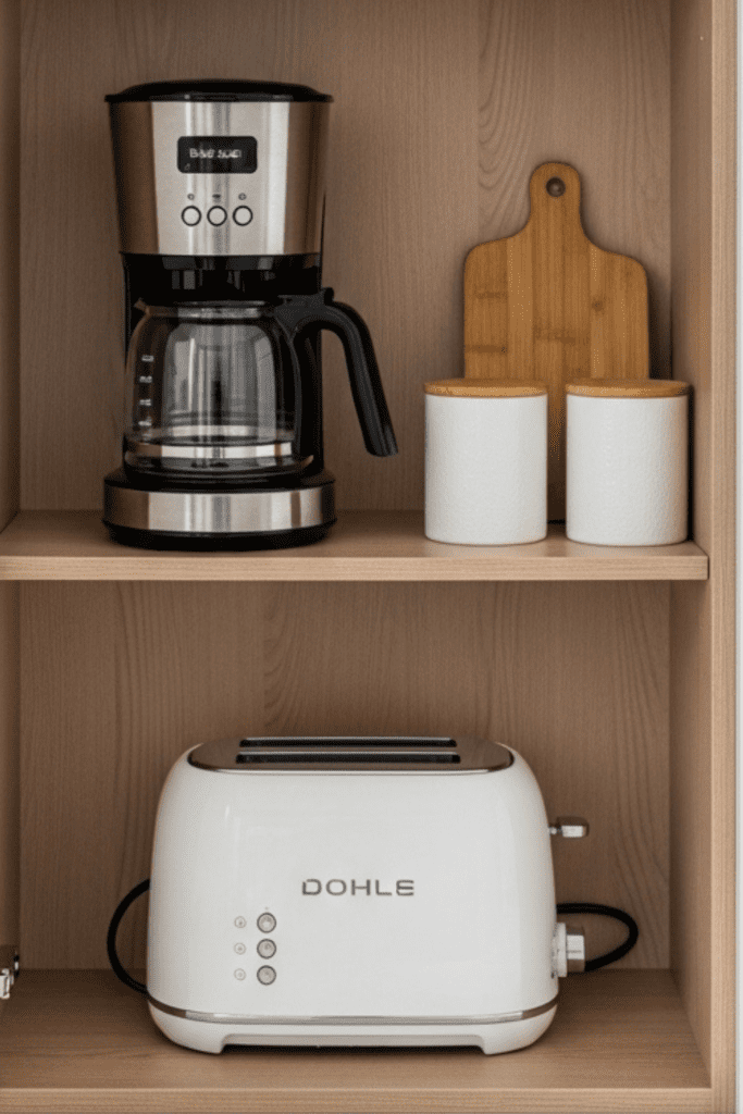 Open kitchen cabinet with tiered shelves neatly storing toasters and cOpen kitchen cabinet with tiered shelves neatly storing toasters and coffee makers.offee makers.