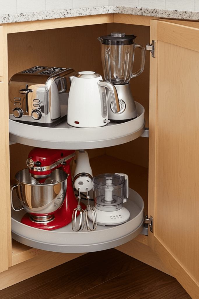 Corner kitchen cabinet open with rotating lazy Susan holding small appliances