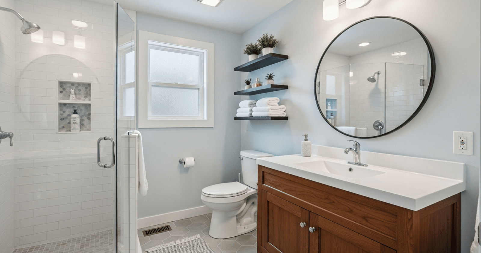 A small, modern bathroom with a floating vanity, glass shower, and light gray tiled walls and floor.