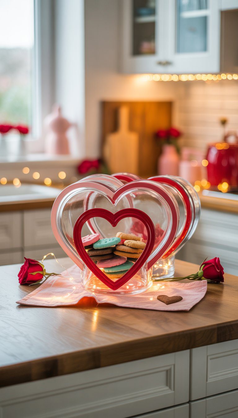A kitchen countertop displaying heart-shaped cookie jars filled with cookies, surrounded by Valentine's Day decorations like roses and fairy lights.