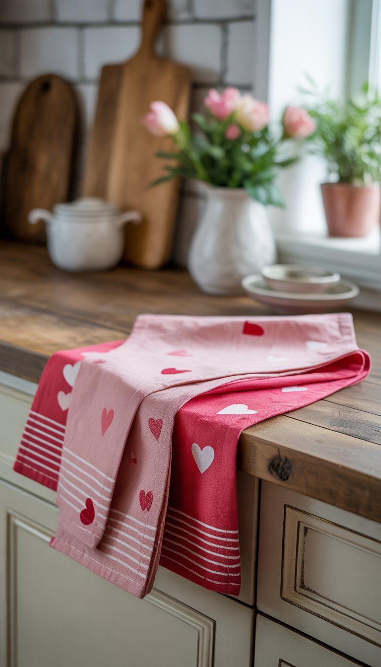 Soft pink and red dish towels with heart prints displayed on a wooden kitchen countertop with blurred kitchen items in the background.