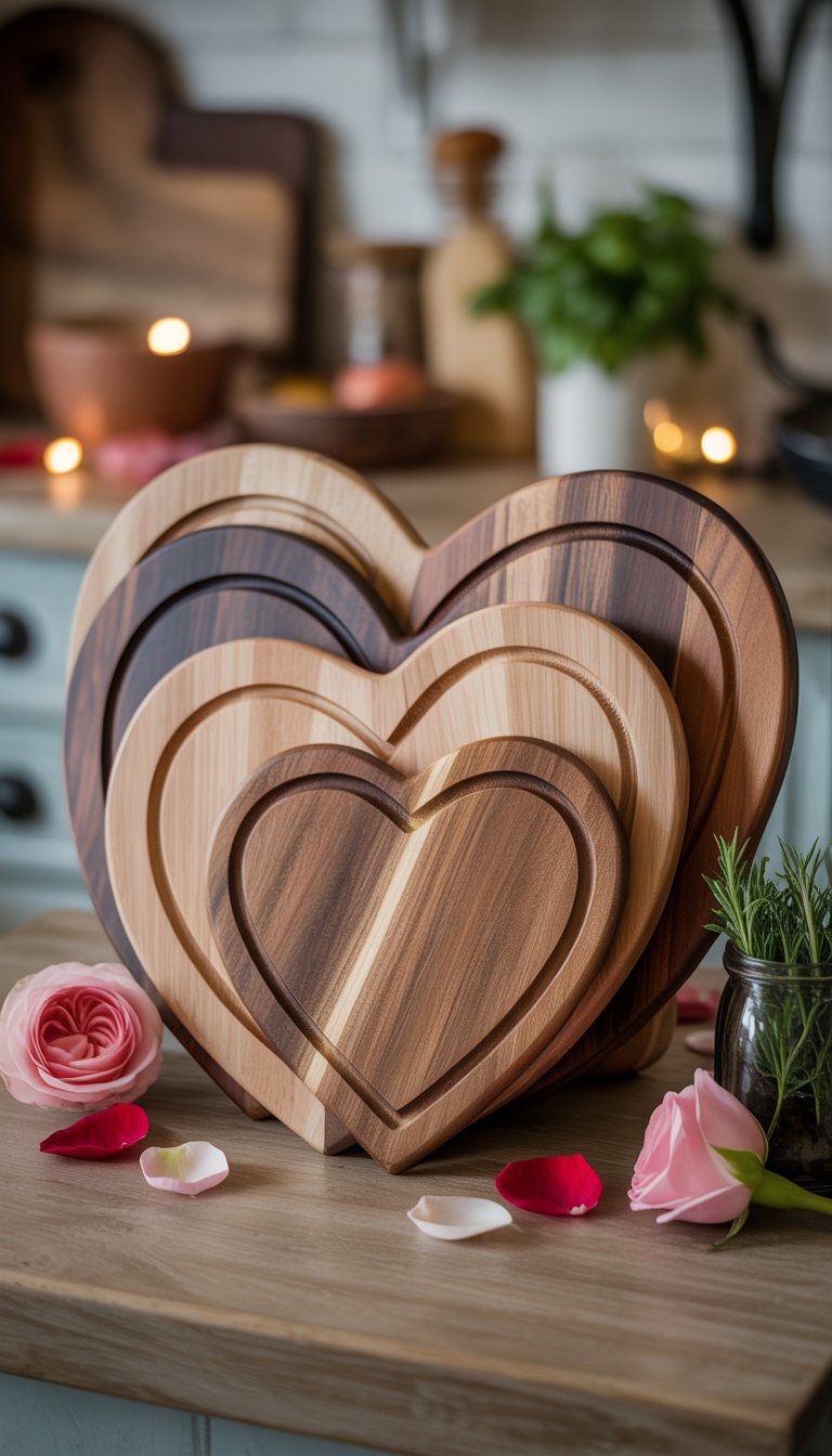 A collection of wooden heart-shaped cutting boards displayed on a kitchen countertop with rose petals and a small jar of herbs nearby.