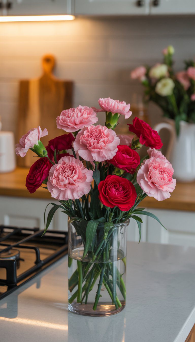 A floral arrangement of pink carnations and red roses in a glass vase on a kitchen countertop with warm natural light.