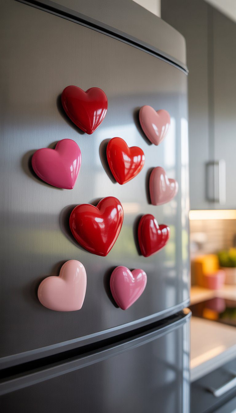 Close-up of a stainless steel fridge door decorated with red and pink heart-shaped magnets in a modern kitchen.