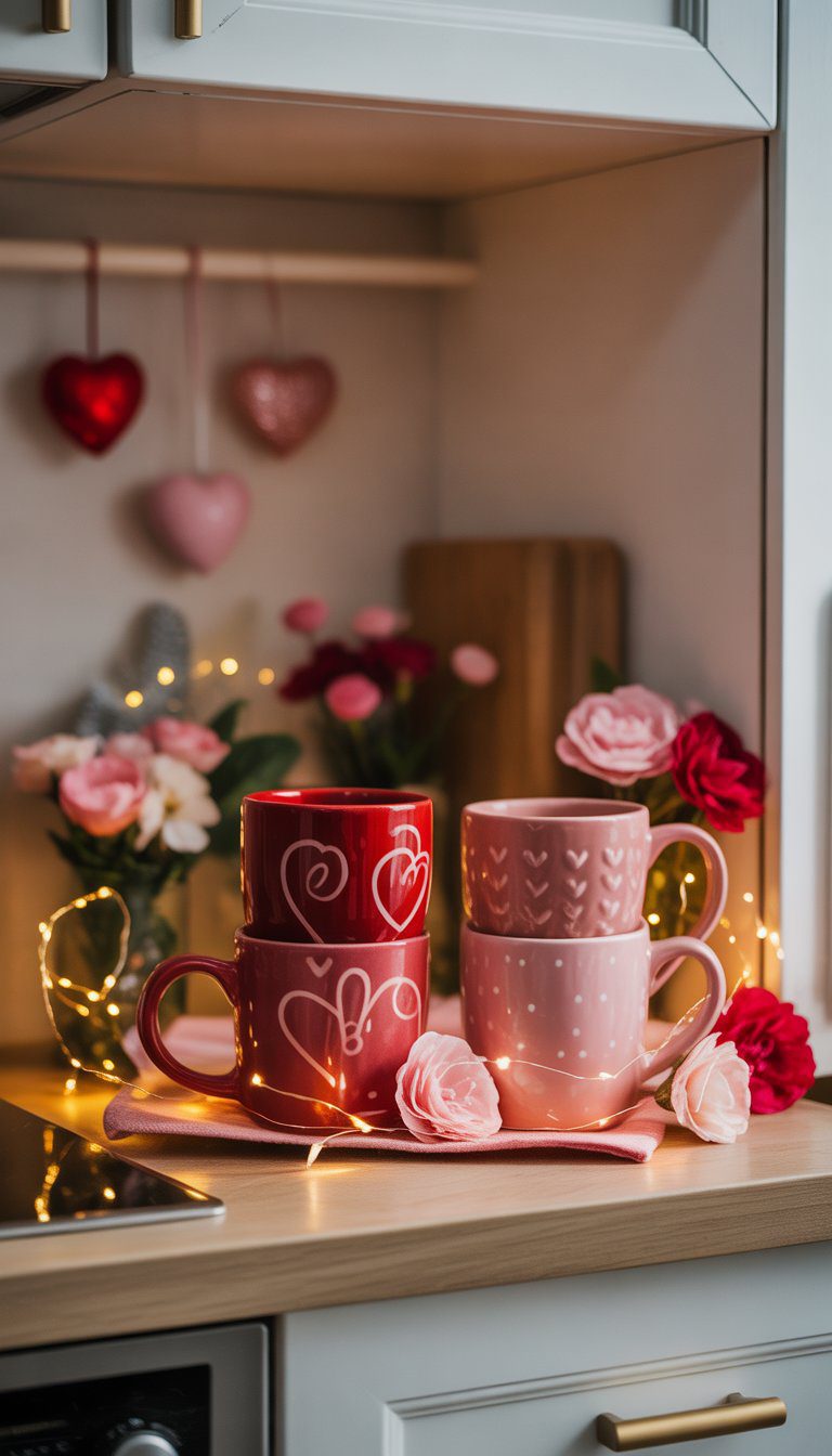 A set of red and pink ceramic mugs displayed with Valentine's Day decorations including flowers and heart-shaped ornaments on a wooden surface.
