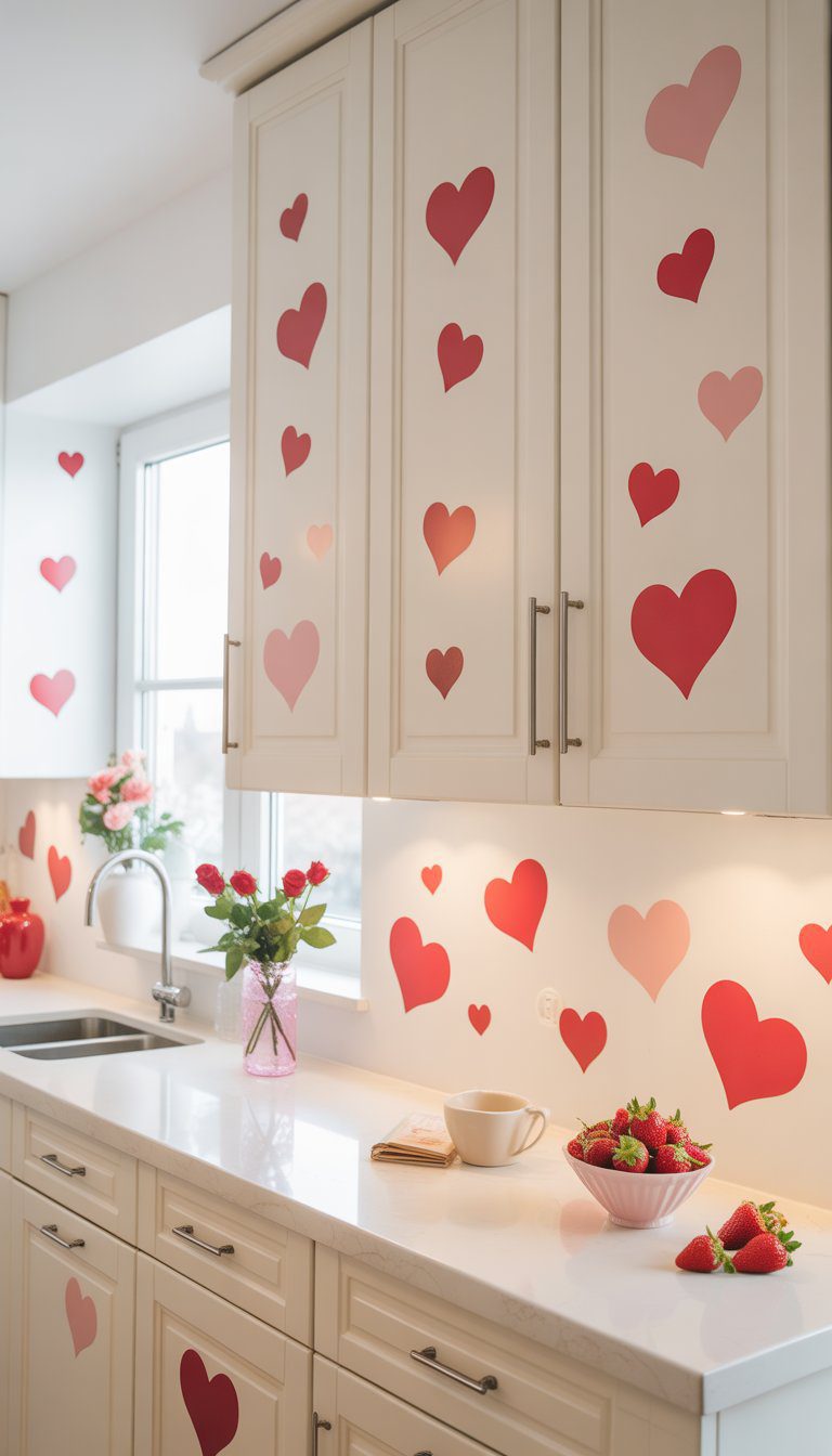 A bright kitchen with white cabinets decorated with red and pink heart-shaped decals and a vase of red roses on the countertop.
