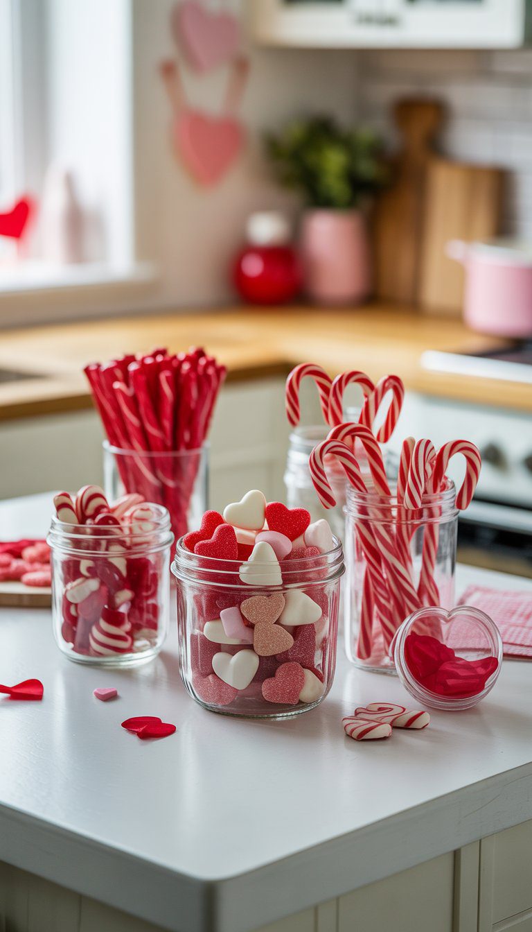 Glass jars filled with red and white candies arranged on a kitchen countertop with Valentine's Day decorations.