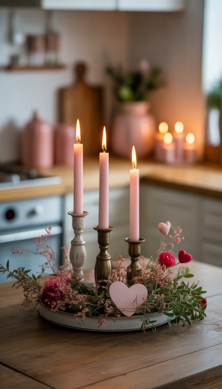 A cozy kitchen centerpiece with lit candles in vintage holders surrounded by small flowers and heart-shaped decorations on a wooden table.