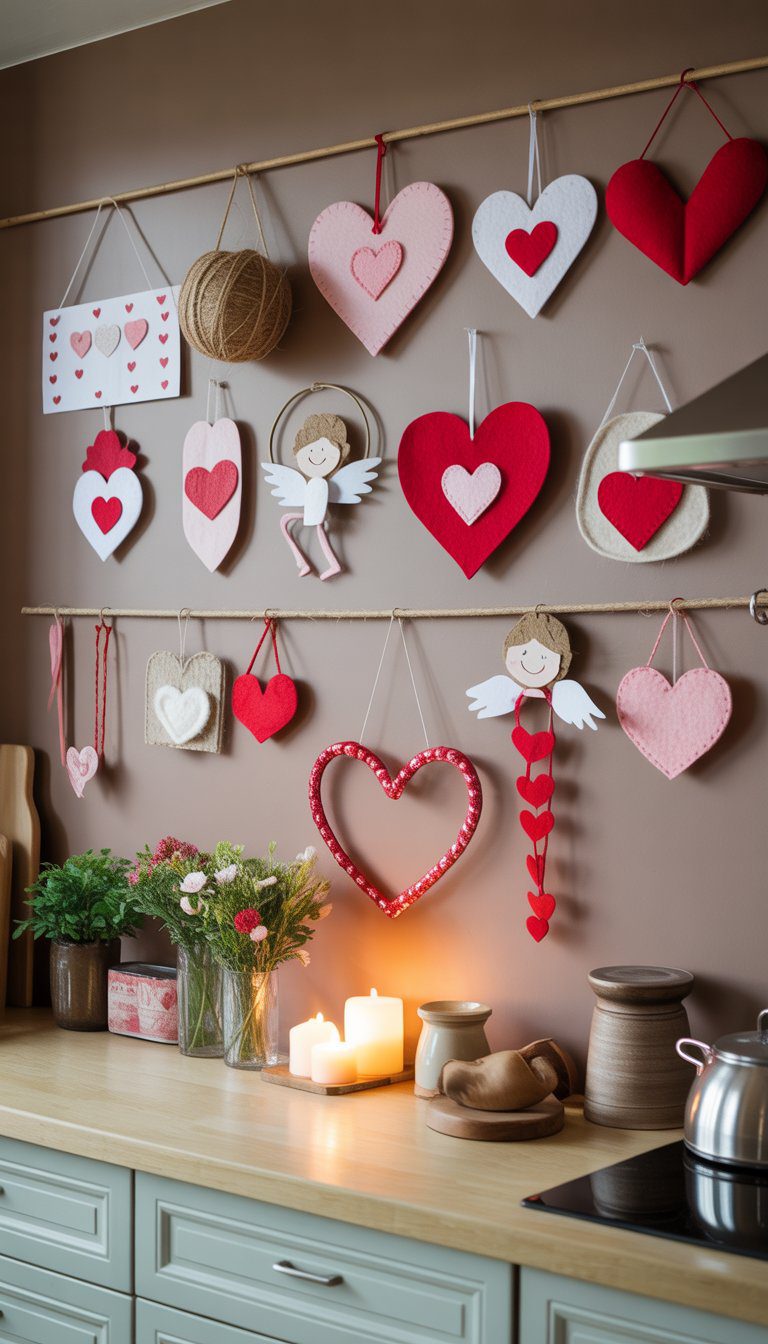 A kitchen wall decorated with handmade love-themed crafts including hearts and cupids, with a counter displaying flowers and candles.