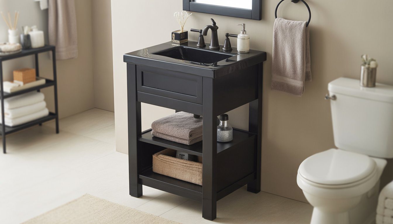 A small black bathroom vanity sink combo with storage in a clean bathroom setting.