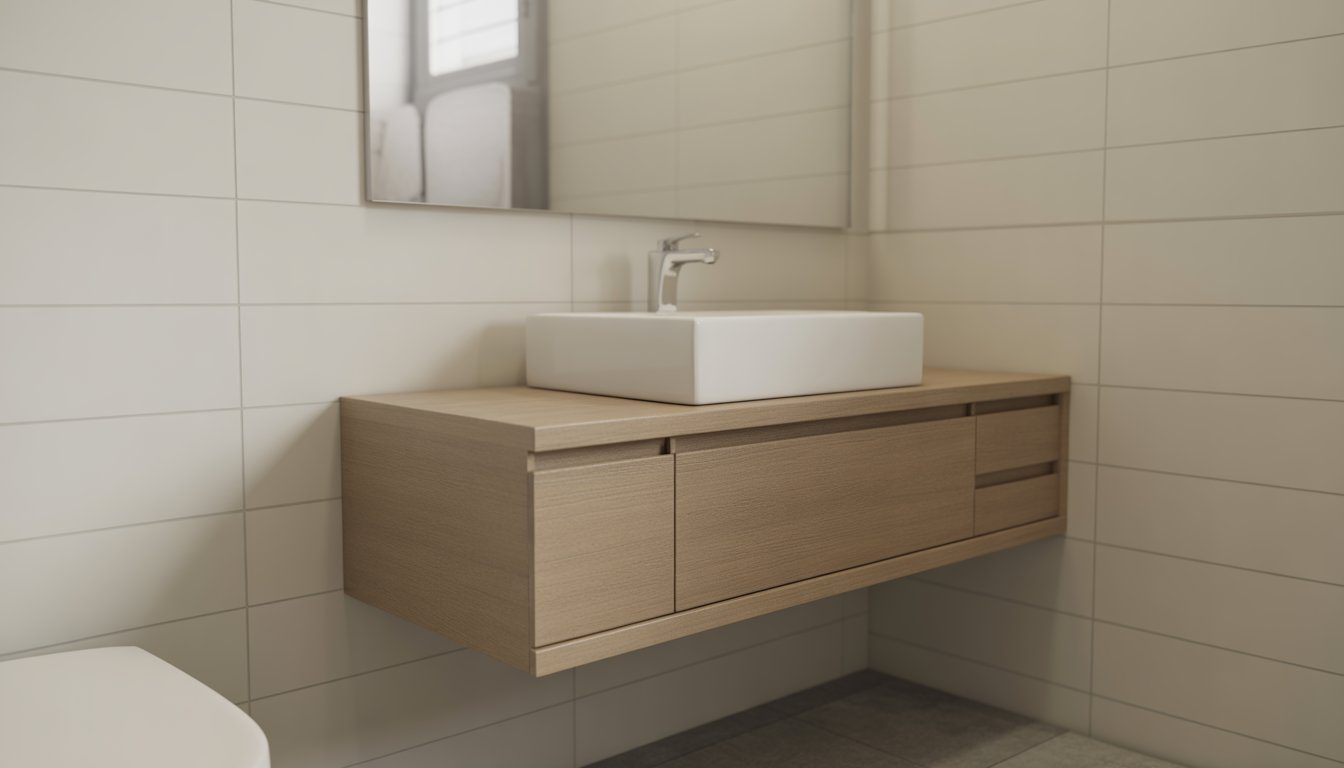 Small bathroom with a floating wall-mounted vanity, sink, mirror, and tiled floor.
