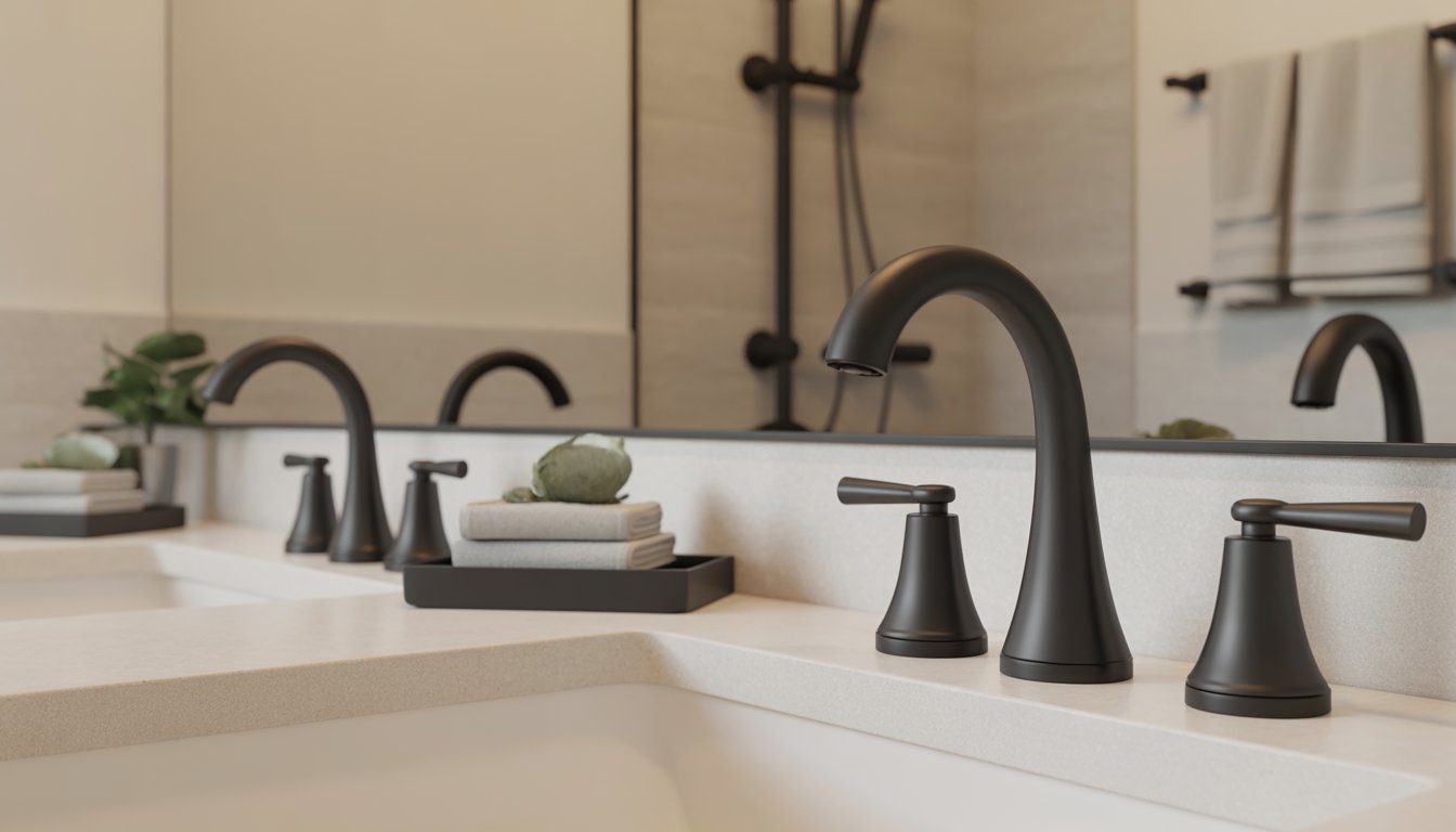 A modern bathroom with matte black fixtures including a faucet, showerhead, and towel rack, with light walls and neatly arranged towels.