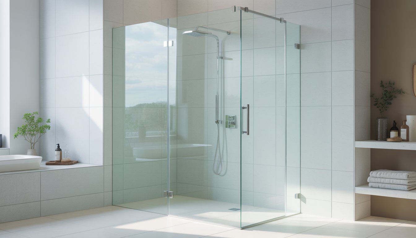 A bright bathroom with a frameless glass shower door, white tiles, and a chrome showerhead.