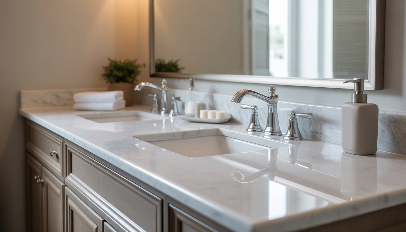 A modern bathroom with a white marble countertop, sink, mirror, and bathroom accessories.