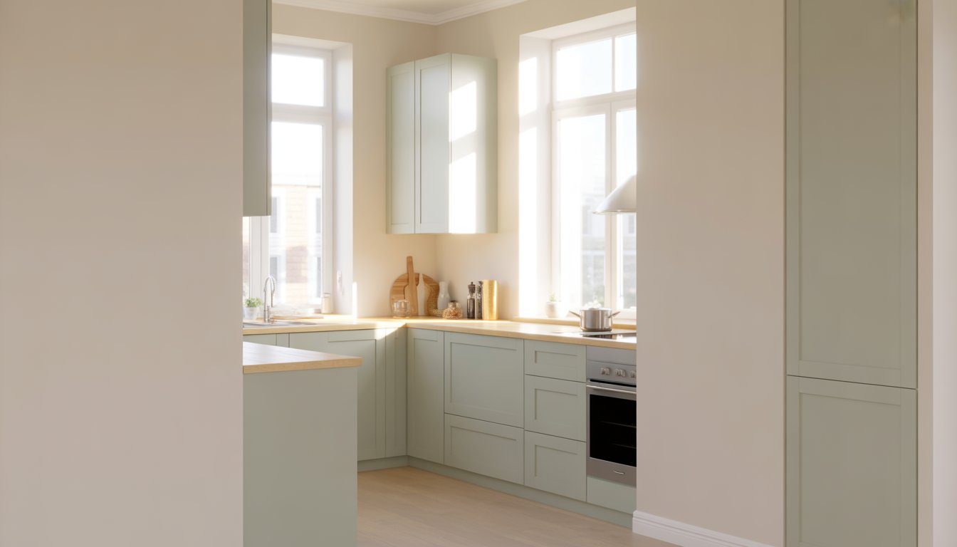 A small kitchen with light-colored walls and cabinets, natural light coming through windows, and modern appliances.