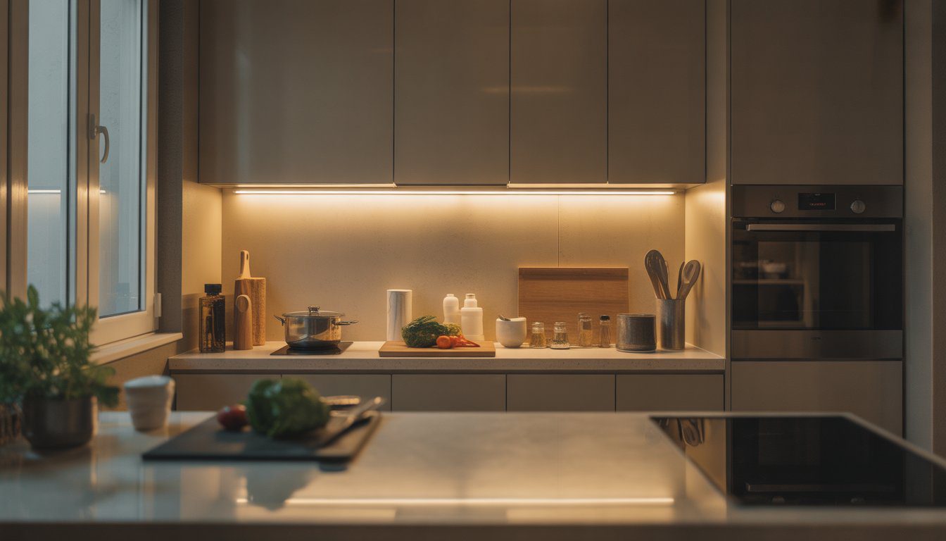 Small kitchen with under-cabinet lighting illuminating a clean countertop workspace with cooking tools and fresh vegetables.