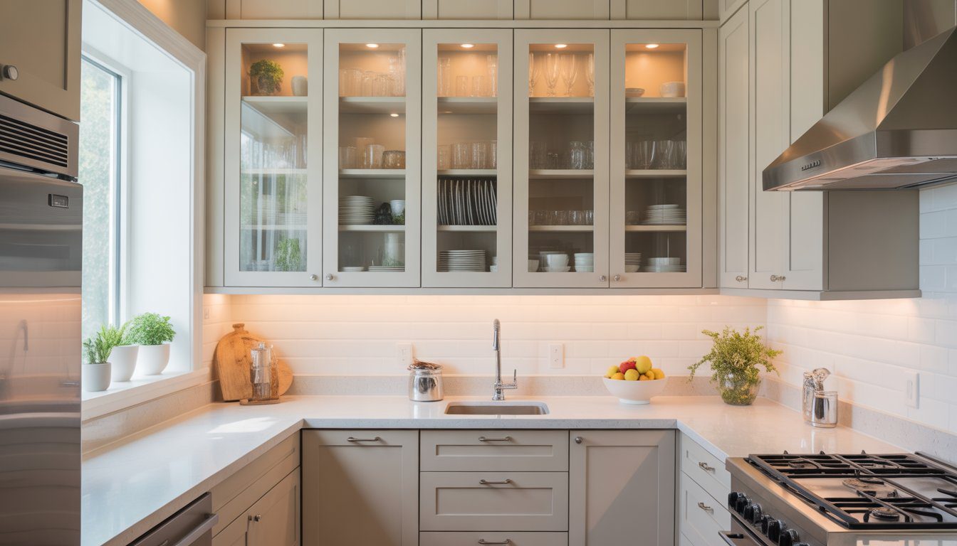 A small kitchen with glass-front cabinets displaying dishes, bright natural light, and tidy countertops.