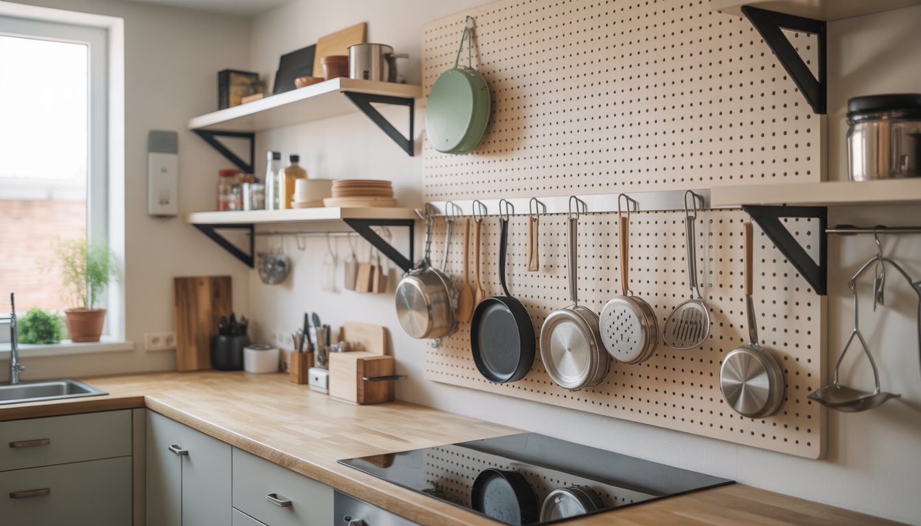 A small kitchen with vertical pegboards and hooks holding pots and utensils, showing organized and efficient storage.