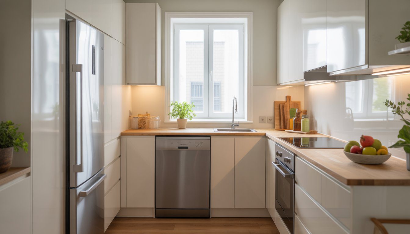Small modern kitchen with slim full-sized appliances neatly integrated into white cabinets and a clean countertop.