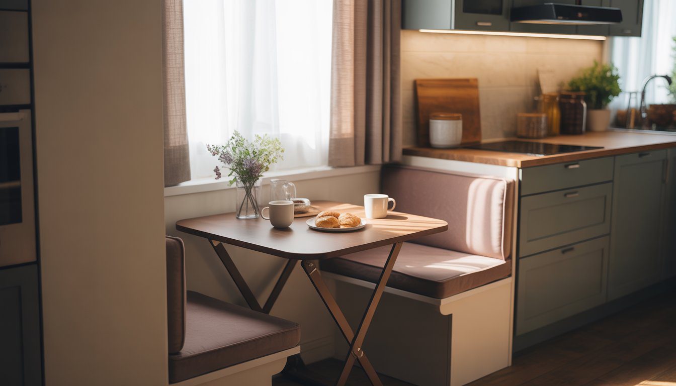 A small cozy breakfast nook with a bench and foldable table set for two in a bright kitchen corner.