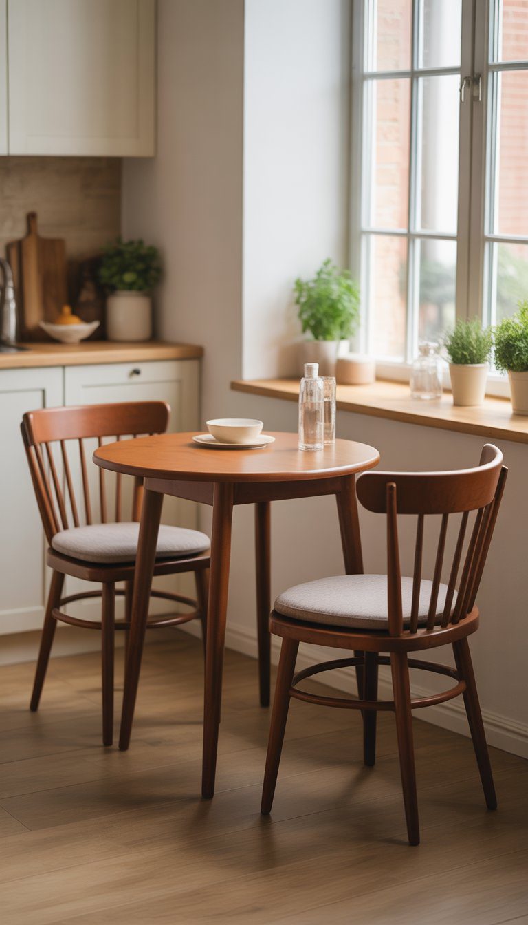 A small round wooden table with two chairs in a bright kitchen corner.