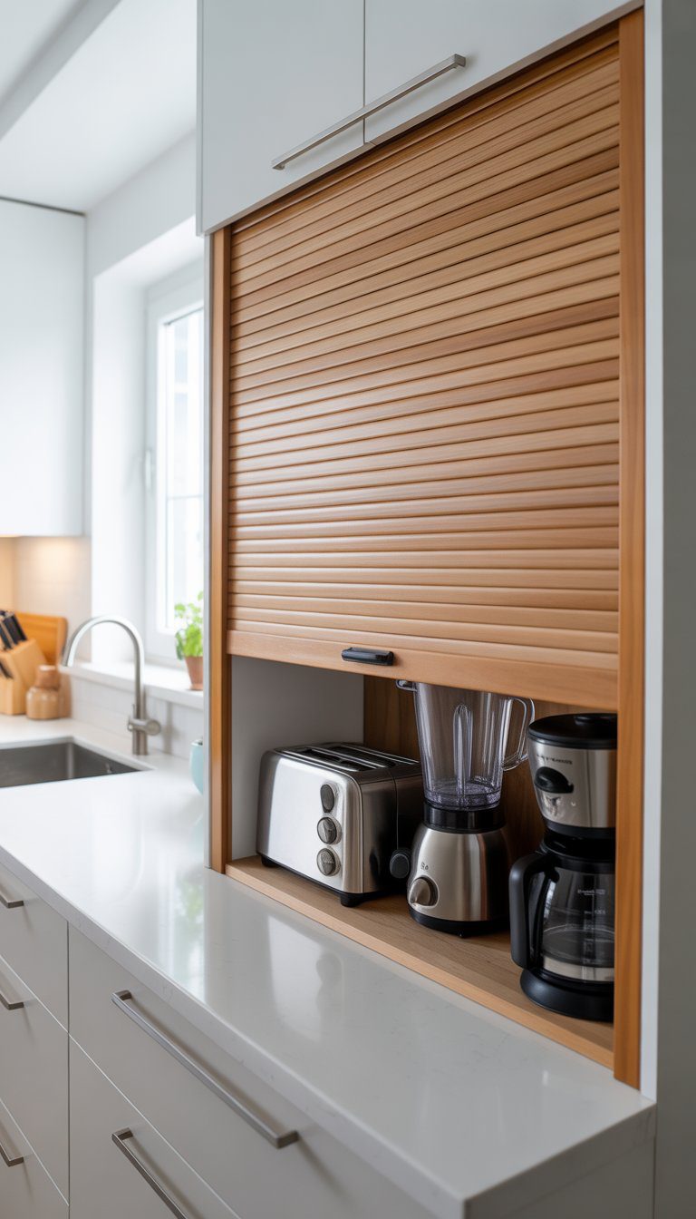 A kitchen countertop with a roll-up tambour door appliance garage that stores small kitchen appliances, keeping the counter clean and organized.