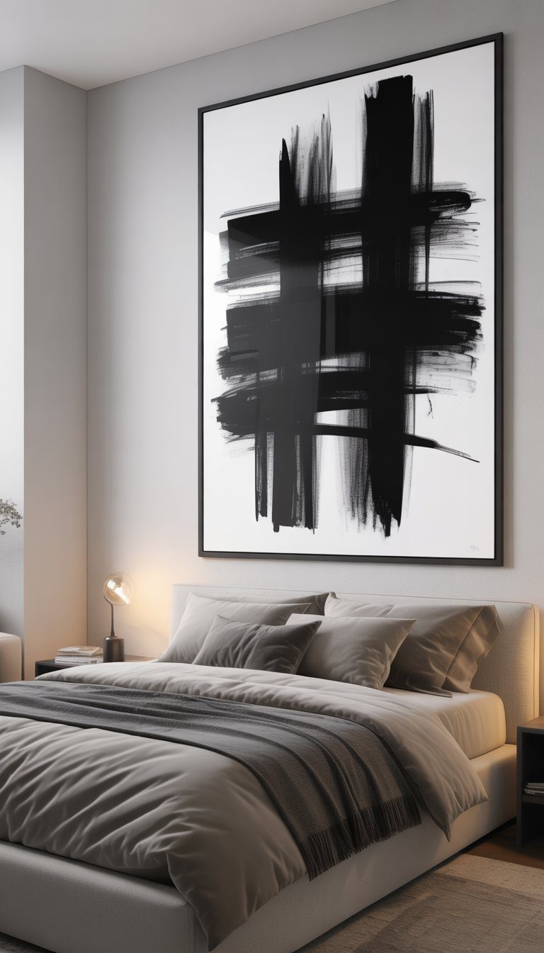 A modern bedroom with a large black and white abstract painting mounted on the wall above a neatly made bed.