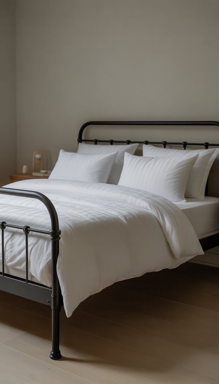 A bedroom with a black metal bed frame and white bedding in a bright, uncluttered room.