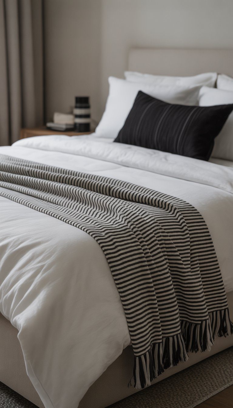 A neatly made bed with black and white striped throw blankets in a bedroom with black and white decor and minimalist furniture.