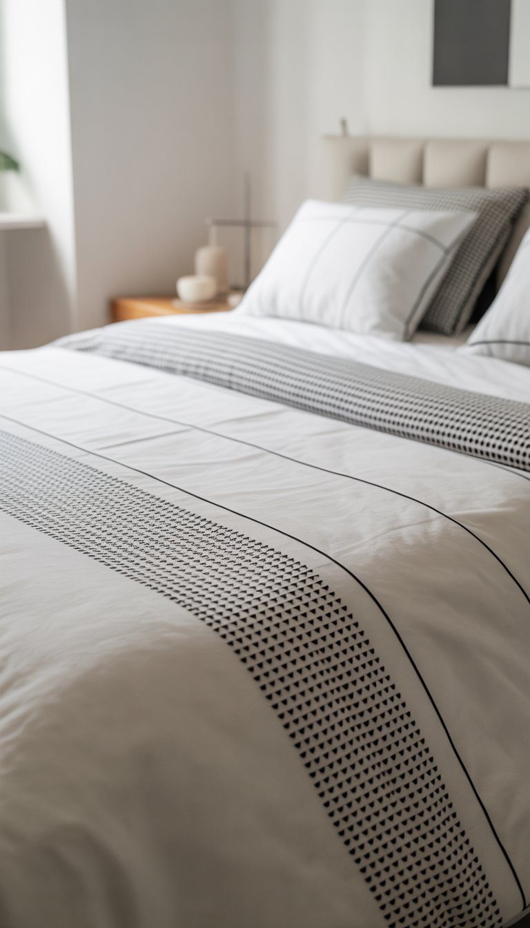 A neatly made bed with black and white bedding featuring geometric patterns in a bright, modern bedroom.