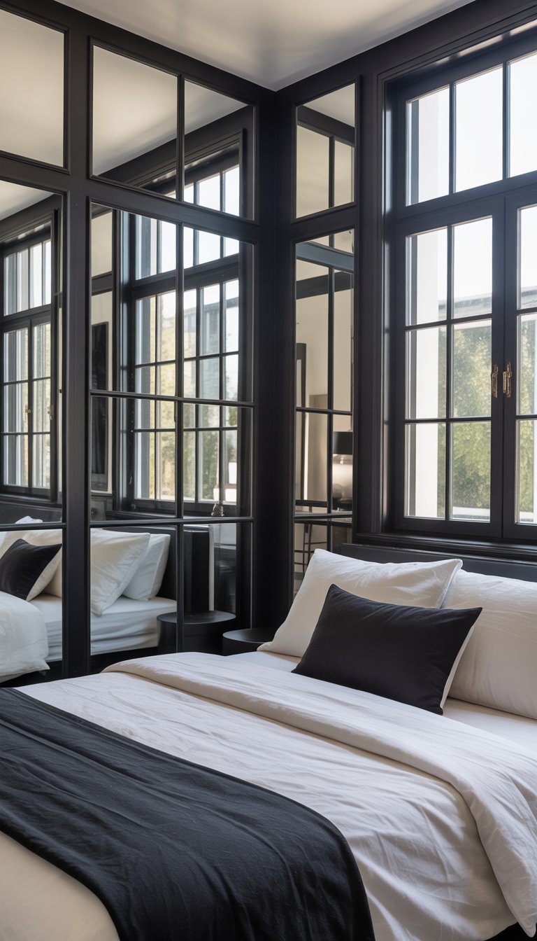 A bedroom with black-framed mirrors and windows letting in natural light, featuring a bed with white linens and black pillows.