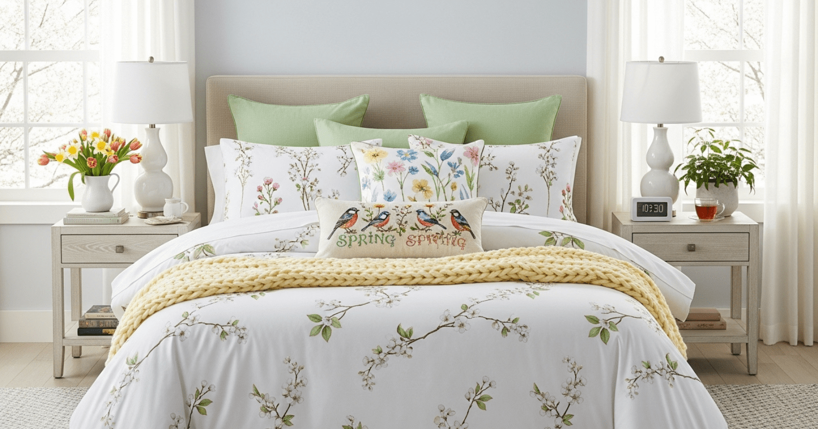 A bedroom with twelve beds arranged to display various spring-themed bedding sets featuring pastel colors and floral patterns, surrounded by plants and natural light.