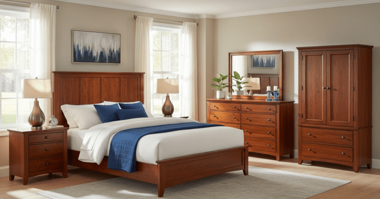 A bedroom with cherry wood furniture including a bed, nightstands, dresser, and wardrobe, illuminated by natural light from windows.