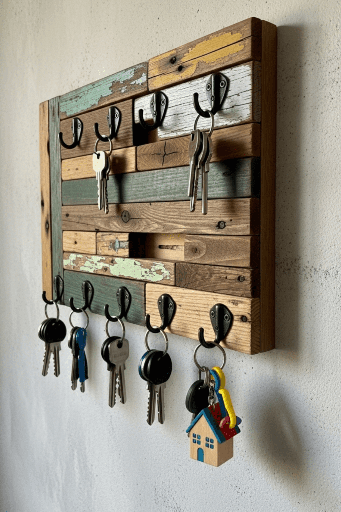 A wall displaying several customized key holders made from scrap wood with metal hooks for hanging keys.