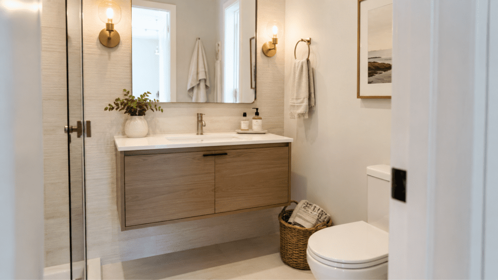 small bathroom with a modern floating vanity, open floor space, compact sink, frameless mirror, light tile walls, neatly styled countertop, bright and airy feel, smart small bathroom remodel idea, realistic interior photography, no people, no text, no watermark, vertical