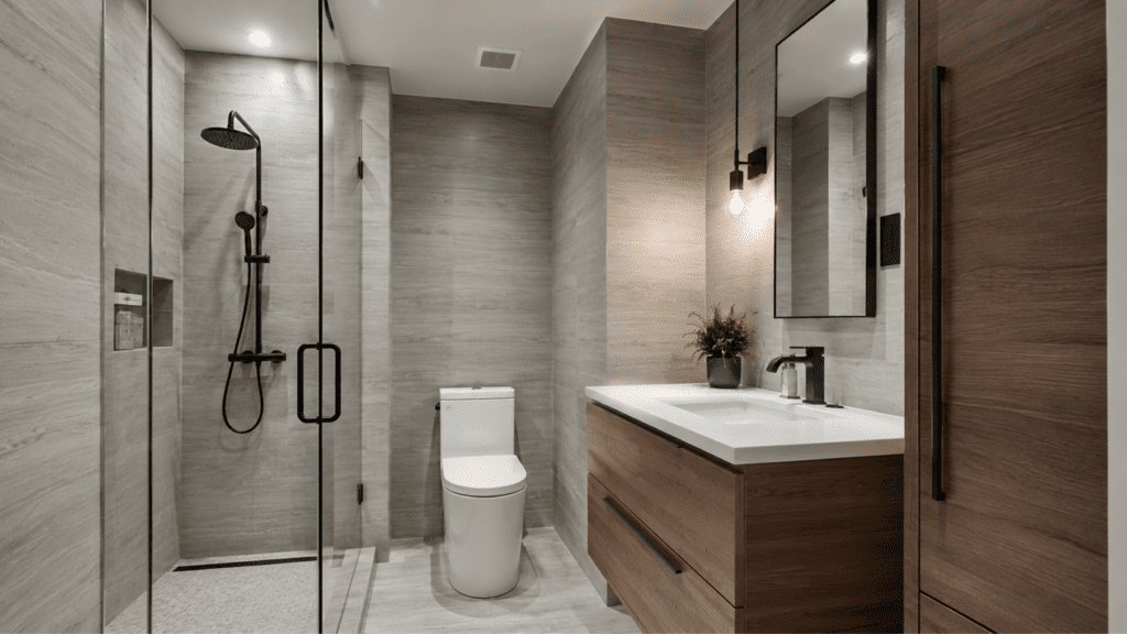 small bathroom with floor-to-ceiling tile, compact vanity, glass shower, seamless tiled walls, clean modern look, room feeling taller and more polished, realistic bathroom interior photography, no people, no text, no watermark, vertical